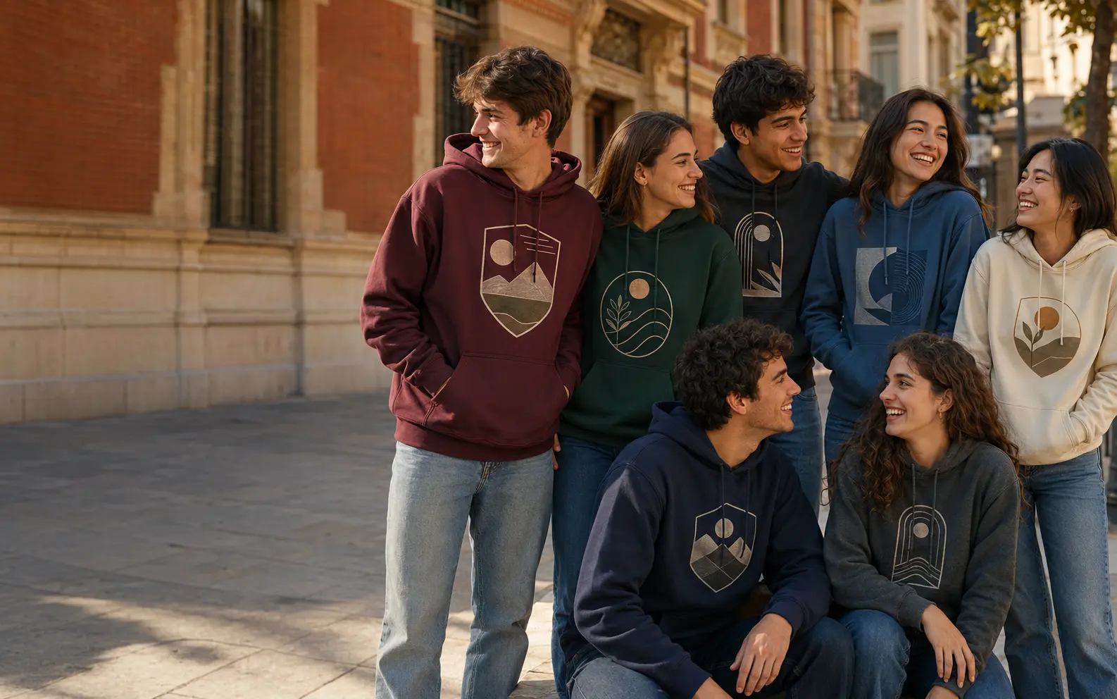 Grupo de jóvenes con sudaderas personalizadas